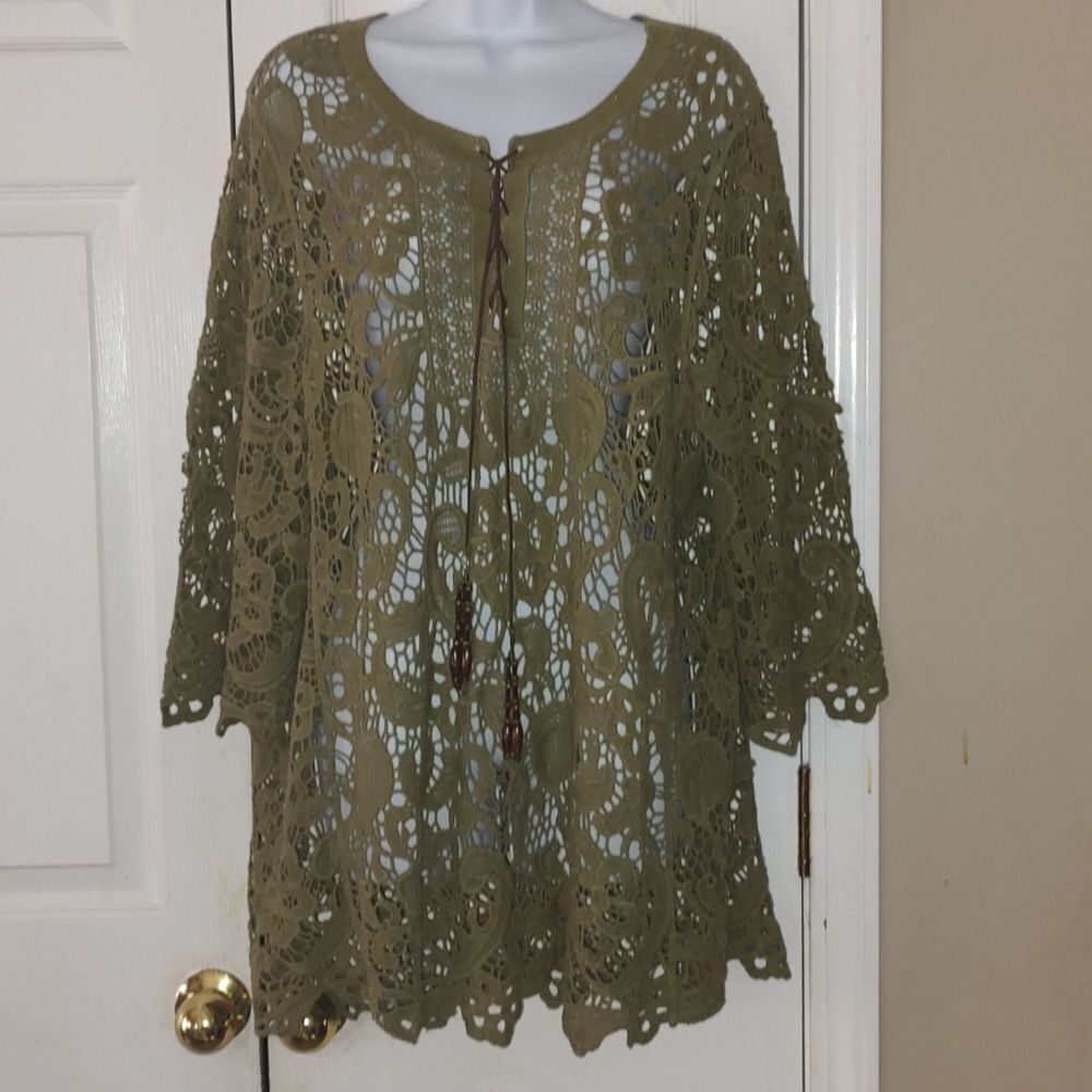 Ruff Hewn Army Green Lace Top With Beaded Tassels Sz
